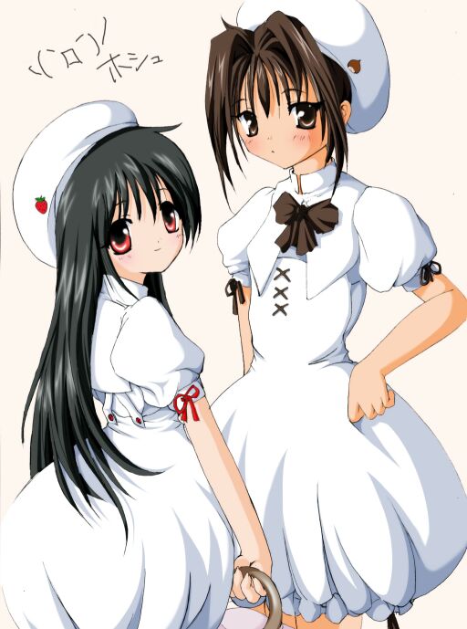 2000s_(style) 2girls archived_source ashita_yaru beret bow bowtie brown_bow brown_bowtie brown_eyes brown_hair closed_mouth commentary_request dress food_print fruit_print hair_intakes hat long_hair multiple_girls original personification puffy_short_sleeves puffy_sleeves red_eyes red_ribbon ribbon short_hair short_sleeves simple_background sleeve_ribbon smile standing straight_hair strawberry_print white_background white_dress white_headwear