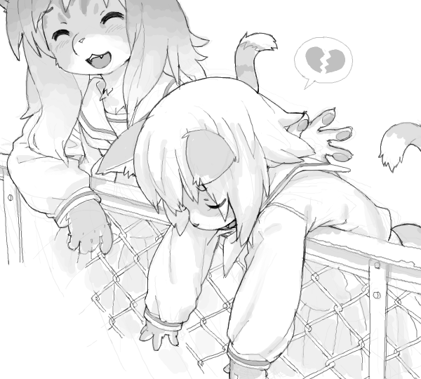 2girls animal_hands body_fur broken_heart cat_girl claws closed_eyes fangs fence furry furry_female greyscale heart kikurage_(crayon_arts) long_hair monochrome multiple_girls original school_uniform serafuku simple_background standing tail upper_body white_background