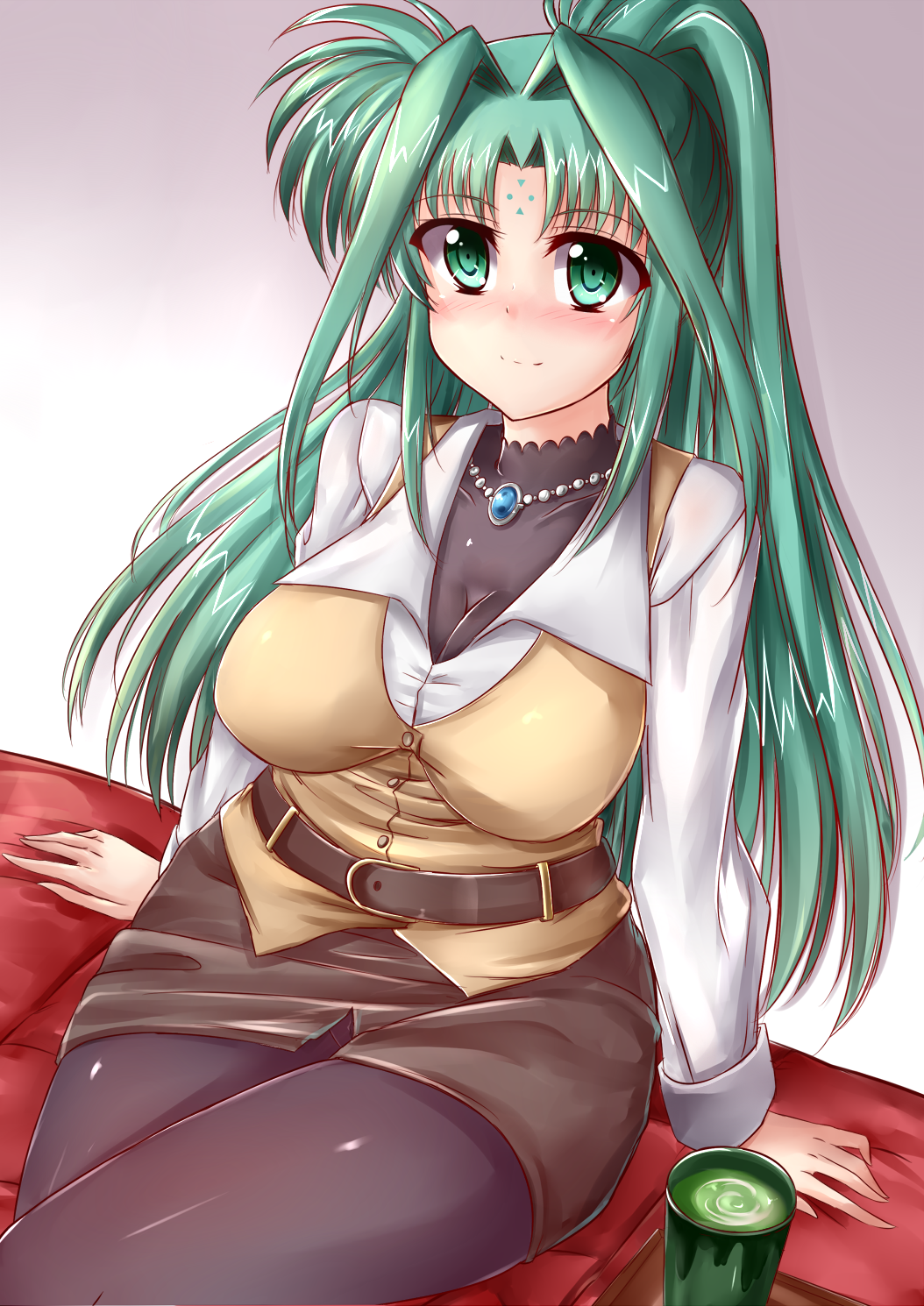 1girl black_pantyhose black_skirt black_undershirt blush breasts collarbone crossed_legs cup facial_mark forehead_mark green_eyes green_hair highres jewelry large_breasts light_smile lindy_harlaown long_hair looking_at_viewer lyrical_nanoha mahou_shoujo_lyrical_nanoha necklace pantyhose parted_bangs shirt sitting skirt skywalker0610 solo vest white_shirt yellow_vest