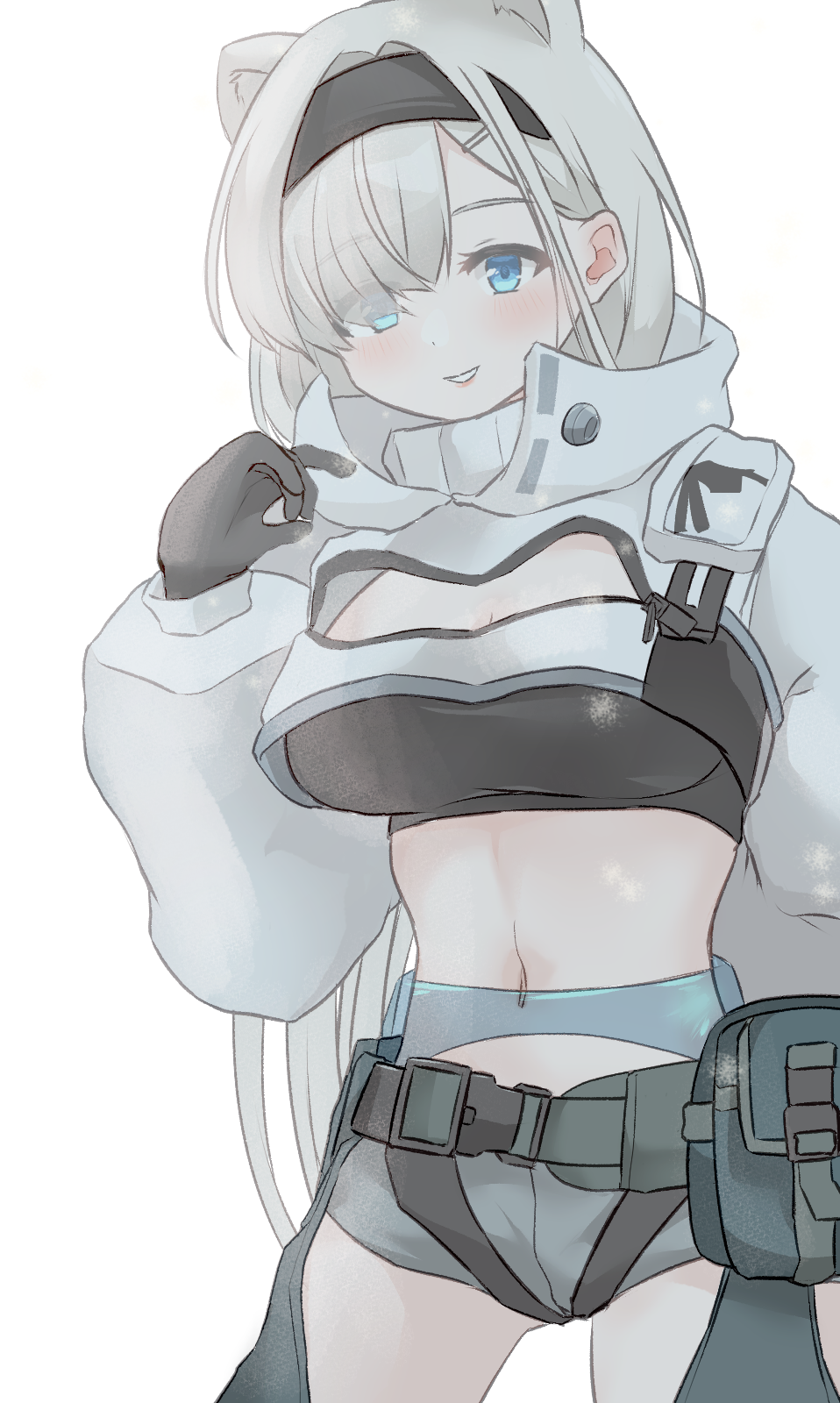 1girl animal_ears arknights aurora_(arknights) bear_ears black_gloves black_hairband black_shirt blue_eyes breasts cleavage cleavage_cutout clothing_cutout commentary_request cowboy_shot crop_top cropped_jacket gloves grey_hair grey_shorts grin hairband hand_up highres jacket large_breasts long_hair midriff navel partial_commentary pouch shirt short_shorts shorts simple_background smile solo standing stomach thighs tififox very_long_hair white_background white_jacket