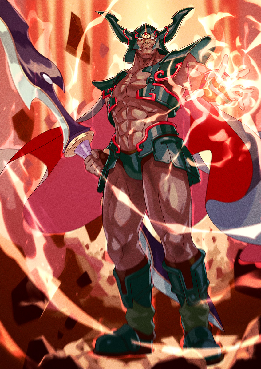 1boy abs armor black_cape blurry boots cape closed_mouth colored_skin commentary_request dark_dream_(dq6) depth_of_field dragon_quest dragon_quest_vi fake_horns floating_cape floating_rock green_armor helmet highres holding holding_weapon horned_helmet horns imminent_attack looking_at_viewer looking_down male_focus muscular muscular_male no_pupils red_cape scar scar_on_arm solo two-sided_cape two-sided_fabric weapon weapon_request yagi2013