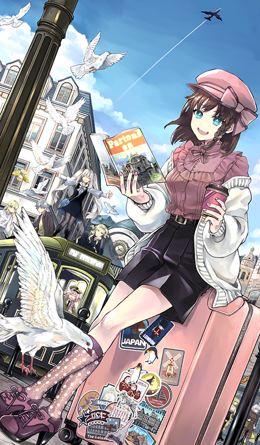 1other 2girls 3boys :d ^_^ astolfo_(fate) astolfo_(still_in_the_middle_of_the_trip)_(fate) bag belt bird black_belt black_dress black_footwear black_necktie black_pantyhose black_shirt black_shorts blonde_hair blue_eyes boots bow braid brown_hair brown_jacket building newsboy_cap card_(medium) cardigan charles-henri_sanson_(fate) charles-henri_sanson_(still_in_the_middle_of_the_trip)_(fate) charlotte_corday_(fate) charlotte_corday_(still_in_the_middle_of_the_trip)_(fate) chevalier_d&#039;eon_(fate) chevalier_d&#039;eon_(still_in_the_middle_of_the_trip)_(fate) clock closed_eyes cloud cross-laced_footwear cup curly_hair day disposable_cup dove dress endou_minari fate/grand_order fate_(series) frilled_shirt frills full_body gloves green_jacket grey_hair hair_between_eyes hat hat_bow head_rest high_heels holding holding_cup holding_magazine jacket jeanne_d&#039;arc_(fate) jeanne_d&#039;arc_(still_in_the_middle_of_the_trip)_(fate) jeanne_d&#039;arc_alter_(fate) jeanne_d&#039;arc_alter_(still_in_the_middle_of_the_trip)_(fate) lamppost leaning_on_object long_hair long_sleeves looking_at_viewer magazine_(object) marie_antoinette_(fate) marie_antoinette_(still_in_the_middle_of_the_trip)_(fate) medium_hair multicolored_hair multiple_boys multiple_girls multiple_unit_train neck_ribbon necktie off_shoulder official_art on_train open_cardigan open_clothes open_magazine open_mouth outdoors outstretched_arms pantyhose peaked_cap pinafore_dress pink_boots pink_bow pink_hair pink_nails pink_ribbon pink_shirt pink_socks ribbon rolling_suitcase salute shirt shirt_tucked_in short_hair shorts shoulder_bag side_braid single_braid sitting sleeveless sleeveless_dress smile socks spread_arms standing sticker streaked_hair suitcase teeth textless_version train train_conductor twintails upper_teeth_only white_cardigan white_gloves white_hair white_shirt wispy_bangs wolfgang_amadeus_mozart_(fate) wolfgang_amadeus_mozart_(still_in_the_middle_of_the_trip)_(fate) yellow_shirt