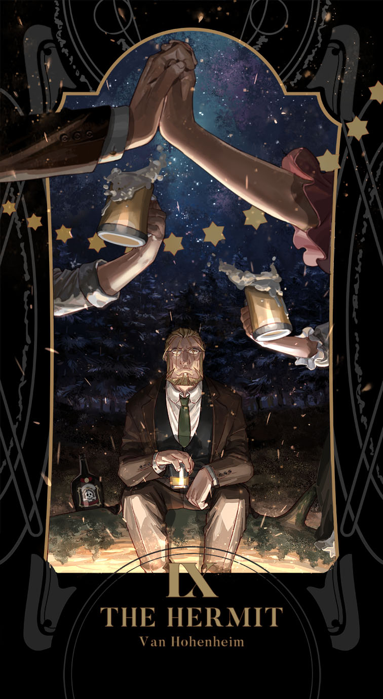 1boy alcohol beard beer beer_mug black_vest blonde_hair bottle brown_jacket brown_pants card_(medium) collared_shirt cup emmmerald facial_hair fullmetal_alchemist glasses green_neckwear highres holding jacket long_sleeves male_focus mug necktie night night_sky out_of_frame outdoors pants ponytail shirt sitting sky solo_focus spill star_(sky) star_(symbol) starry_sky tarot tarot_(medium) the_hermit_(tarot) van_hohenheim vest white_shirt wing_collar