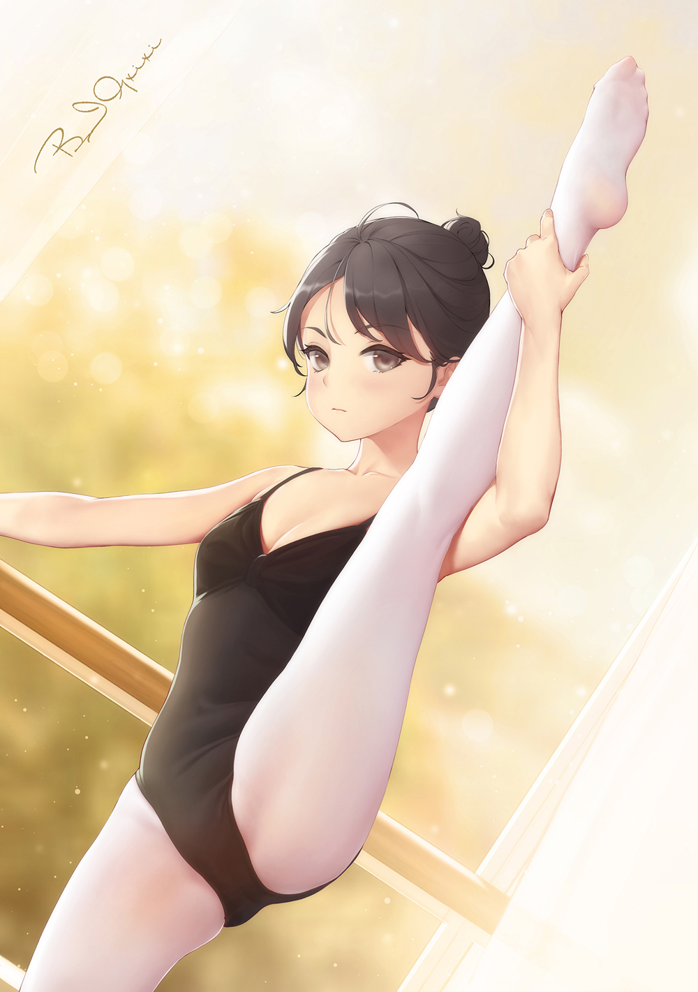 1girl ballerina ballet bare_arms bare_shoulders barre bigxixi black_eyes black_hair black_leotard feet feet_up highres legs_up leotard looking_at_viewer no_bra original pantyhose short_hair skinsuit soles split spread_legs standing standing_on_one_leg standing_split white_pantyhose