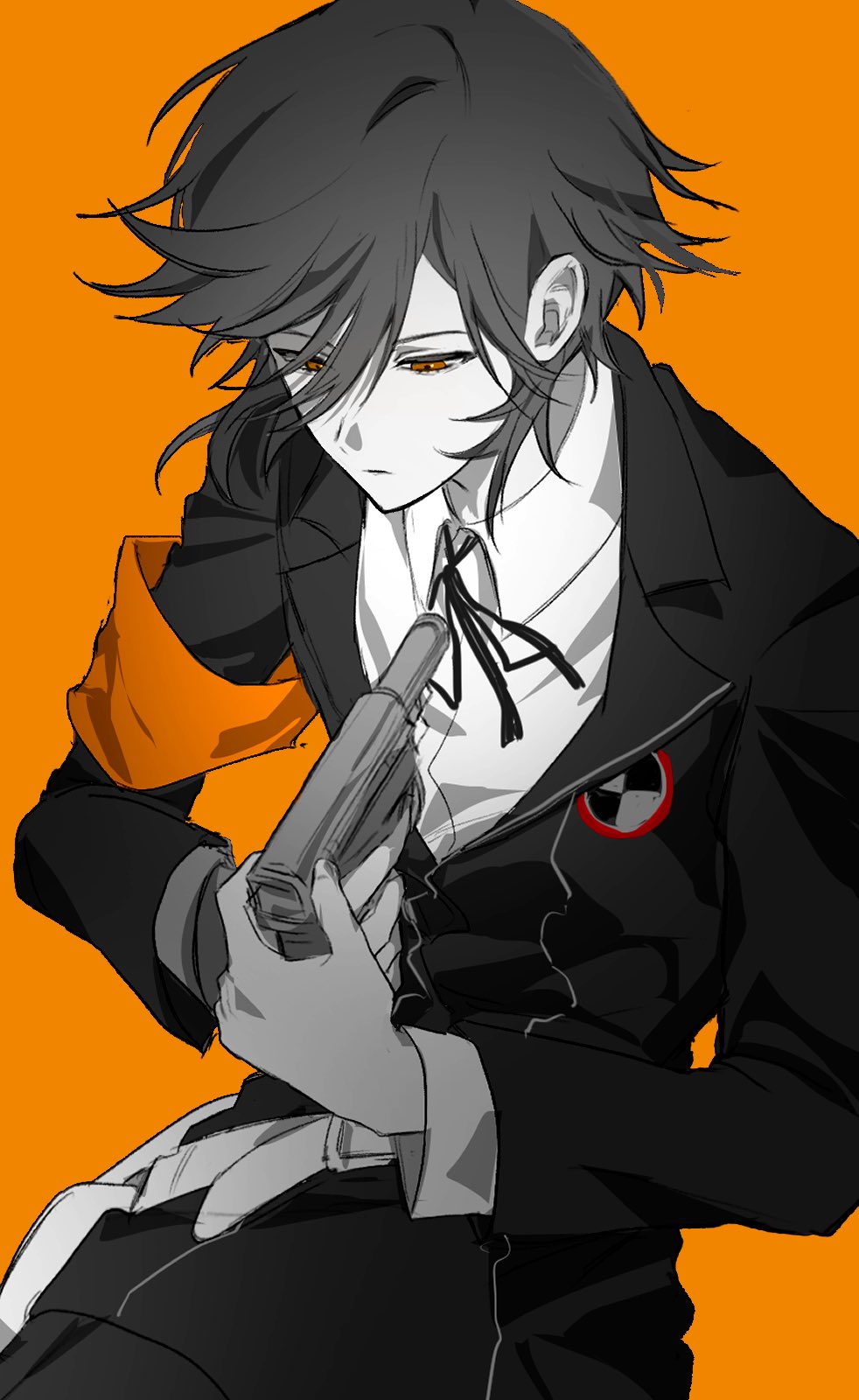 1boy 2ect0r aiming amada_ken armband belt belt_buckle black_ribbon buckle closed_mouth collared_shirt commentary_request cowboy_shot emblem expressionless gun hair_behind_ear hair_between_eyes highres holding holding_gun holding_weapon jacket lapels long_sleeves male_focus neck_ribbon notched_lapels orange_armband orange_background orange_eyes persona persona_3 persona_4:_the_ultimate_in_mayonaka_arena persona_4:_the_ultimax_ultra_suplex_hold ribbon school_uniform shirt simple_background solo suit_jacket weapon white_shirt wing_collar