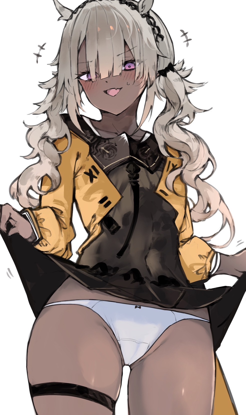 1girl arknights black_dress blush camel_ears camel_girl cameltoe clothes_lift coat collarbone cowboy_shot dark-skinned_female dark_skin dress dress_lift fang grey_hair highres jacket kyuu_(plastic_night_q) lifting_own_clothes long_hair long_sleeves looking_at_viewer open_clothes open_jacket open_mouth panties presenting purple_eyes short_dress simple_background skin_fang smile solo standing sweatdrop thigh_strap thighs tuye_(arknights) twintails underwear white_background white_panties yellow_coat yellow_jacket