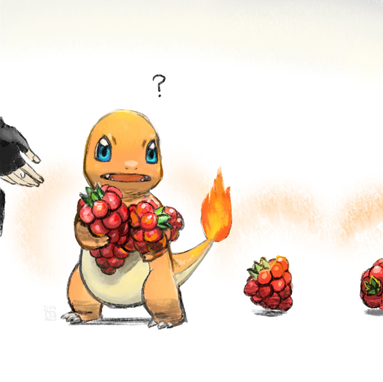 1other ? berry_(pokemon) black_gloves blue_eyes charmander claws commentary_request fangs fingerless_gloves fire flame-tipped_tail fumuna gen_1_pokemon gloves holding nintendo open_mouth pokemon pokemon_(creature) razz_berry standing tail tongue