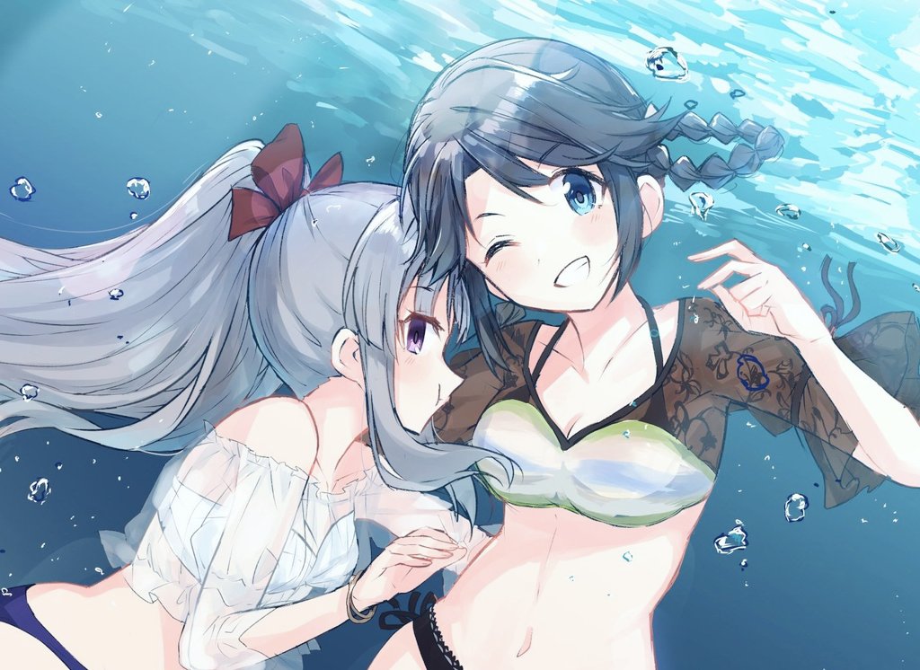 2girls air_bubble bikini black_bikini black_hair blue_bikini blue_eyes bow bracelet braid breasts bubble commentary grey_hair hanetsuka idolmaster idolmaster_shiny_colors jewelry mitsumine_yuika multicolored_bikini multiple_girls navel ponytail red_bow see-through_clothes see-through_shirt see-through_sleeves shirt small_breasts swimsuit twin_braids two-tone_bikini underwater white_bikini yukoku_kiriko