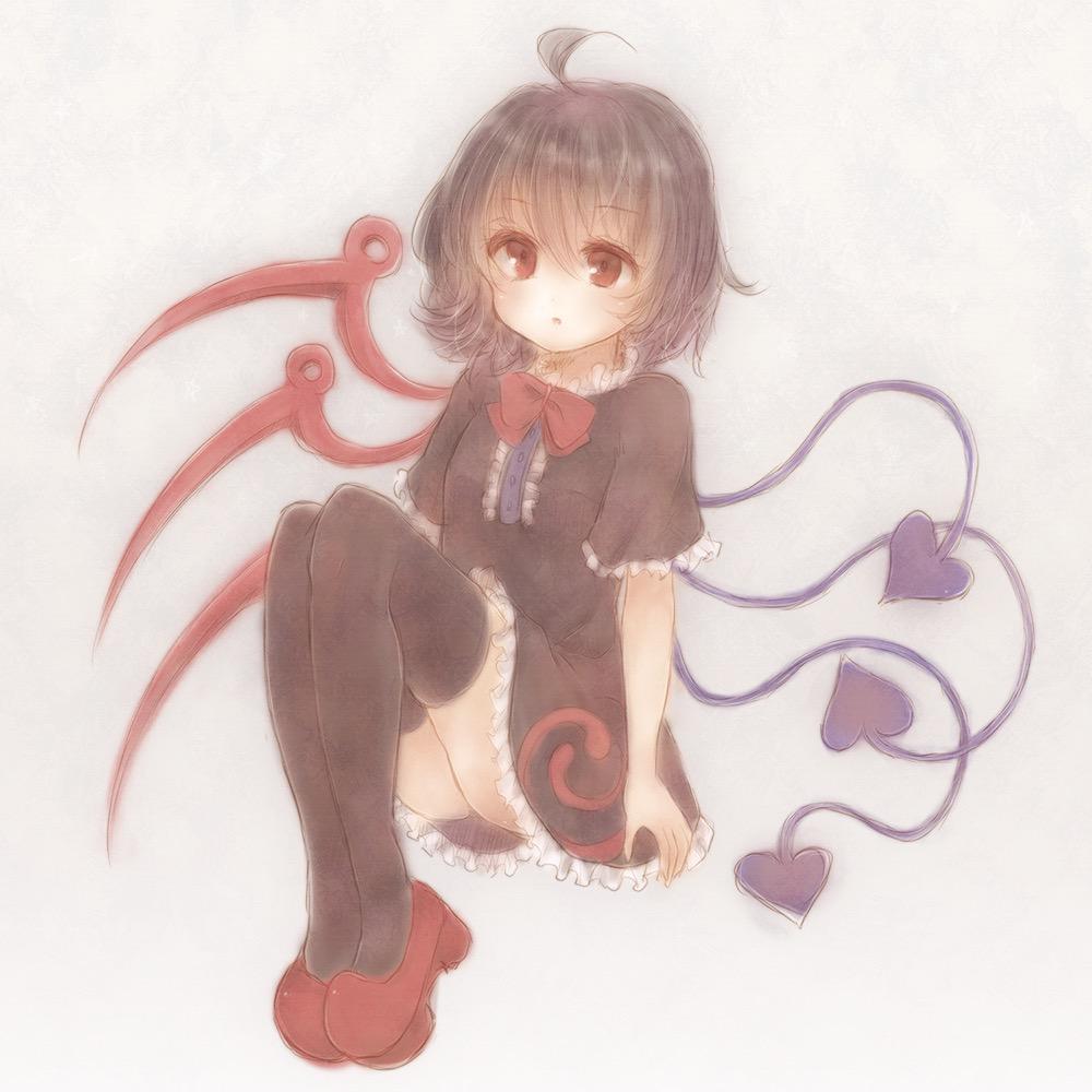 1girl ahoge arms_at_sides asymmetrical_wings bebitera black_dress black_hair black_thighhighs bow bowtie breasts brown_eyes buttons dress houjuu_nue invisible_chair looking_at_viewer multiple_tails nue_day parted_lips red_bow red_bowtie red_shoes shoes short_hair simple_background sitting small_breasts solo tail thighhighs thighs touhou white_background wings zettai_ryouiki