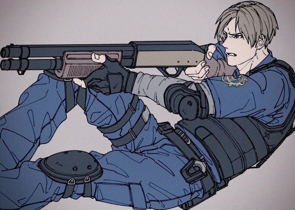 1boy aiming an_chovy black_gloves blonde_hair blue_pants blue_shirt bulletproof_vest clenched_teeth elbow_pads feet_out_of_frame fingerless_gloves furrowed_brow gloves grey_background grey_shirt gun holding holding_gun holding_weapon knee_pads leon_s._kennedy male_focus pants parted_bangs parted_lips police police_uniform resident_evil resident_evil_4 shirt shirt_under_shirt short_hair solo teeth weapon