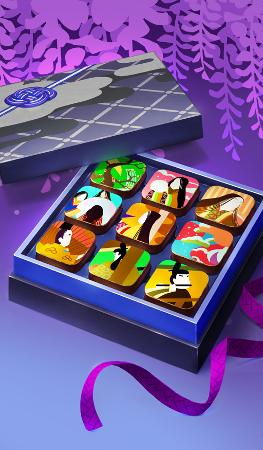 beppu_mitsunaka box box_of_chocolates chocolate commentary fate/grand_order fate_(series) fine_art_parody food food_art food_focus in_box in_container lid nihonga no_humans official_art open_box parody purple_background purple_ribbon ribbon still_life third-party_source