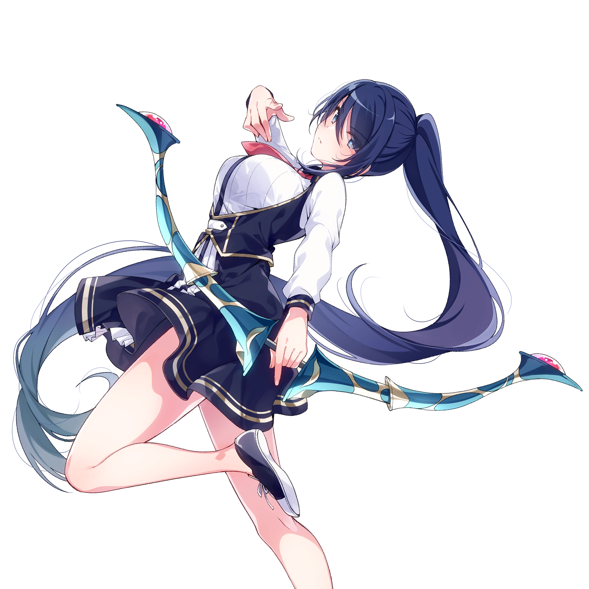 1girl aiba_mio bare_legs blue_eyes blue_hair bow_(weapon) breasts closed_mouth female_focus floating_hair hand_up high_ponytail highres holding holding_bow_(weapon) holding_weapon index_finger_raised large_breasts leaning_back legs long_hair looking_at_viewer necktie omega_labyrinth omega_labyrinth_life original ponytail school_uniform shoes skirt solo standing standing_on_one_leg thighs transparent_background u35 very_long_hair weapon