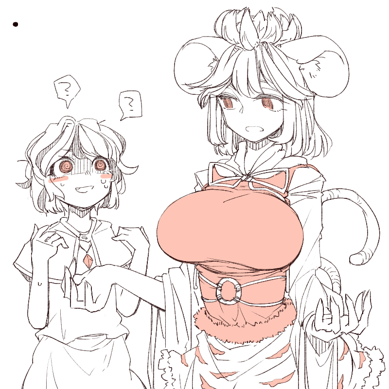 2girls ? animal_ears breasts capelet cosplay costume_switch female_focus large_breasts monochrome mouse_ears mouse_tail multiple_girls nazrin nazrin_(cosplay) red_eyes role_reversal shawl short_hair simple_background spoken_question_mark spot_color tail toramaru_shou toramaru_shou_(cosplay) toriga_naku touhou white_background