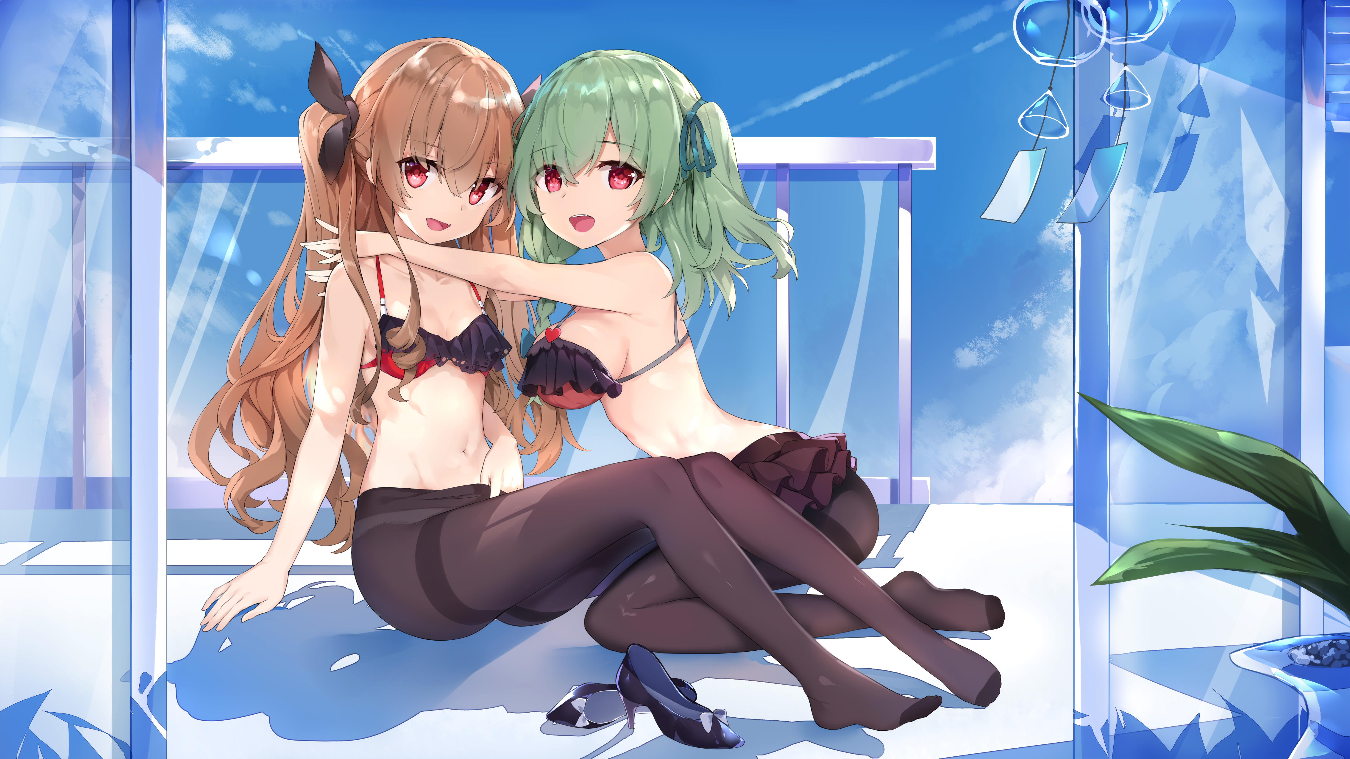2girls :d absurdres artist_request bare_arms bare_shoulders black_bra black_pantyhose black_ribbon blue_sky bow bra breasts brown_hair character_request cloud commission day frilled_bra frills green_hair groin hair_between_eyes hair_ribbon high_heels highres huanxiang_koudai_meow hug indie_virtual_youtuber indoors kneeling large_breasts long_hair looking_at_viewer multiple_girls navel no_shoes one_side_up open_mouth panties panties_under_pantyhose pantyhose plant potted_plant red_bra red_eyes ribbon second-party_source shoes sitting sky small_breasts smile stomach thighband_pantyhose two_side_up underwear underwear_only unworn_shoes very_long_hair wind_chime window