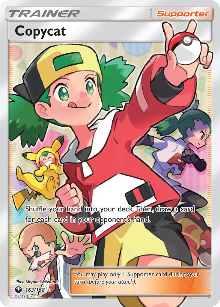 1girl :q artist_name backwards_hat bald_cap black_gloves black_thighhighs blaine_(pokemon) blaine_(pokemon)_(cosplay) blush blush_stickers card_(medium) character_name closed_eyes company_name copycat_(pokemon) copyright_name copyright_notice cosplay elbow_gloves english_text ethan_(pokemon) ethan_(pokemon)_(cosplay) eyelashes fake_facial_hair fake_mustache gen_1_pokemon gloves green_eyes green_hair hat holding holding_poke_ball hood hoodie jacket mizutani_megumi multiple_views necktie nintendo official_art open_clothes open_jacket pikachu pikachu_(cosplay) poke_ball poke_ball_(basic) pokemon pokemon_card pokemon_gsc pokemon_tcg red_hoodie red_necktie round_eyewear shirt shoes shorts smile sunglasses team_rocket team_rocket_uniform teeth thighhighs third-party_source tongue tongue_out trading_card white_jacket white_shirt yellow_shorts