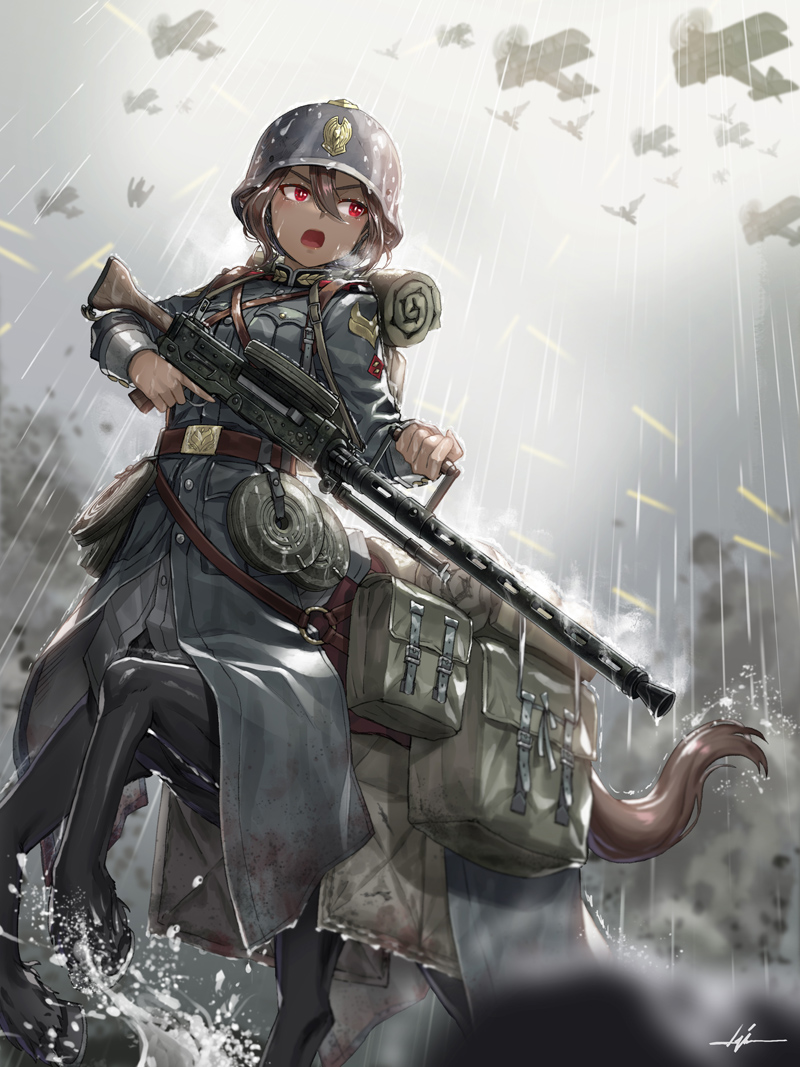 1girl aircraft airplane backpack bag biplane brown_hair centaur drum_magazine gun helmet holding holding_gun holding_weapon kws long_sleeves machine_gun magazine_(weapon) military military_uniform military_vehicle mixed-language_commentary monster_girl original outdoors pan_magazine rain red_eyes solo taur war weapon