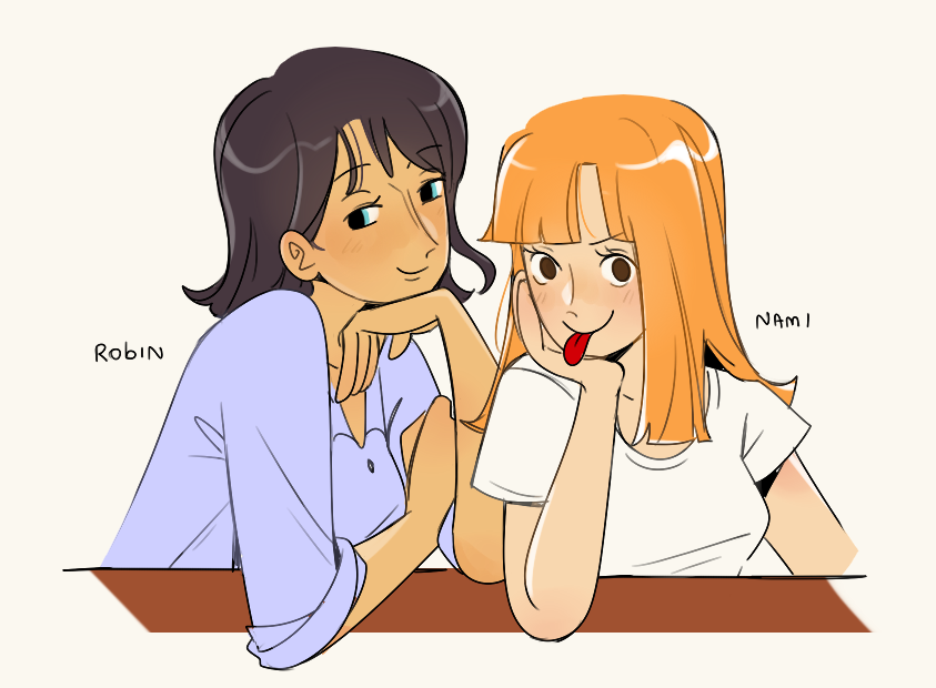 2girls :p black_hair blue_eyes blunt_bangs cesel character_name commentary head_rest looking_at_viewer medium_hair multiple_girls nami_(one_piece) nico_robin one_piece orange_hair shirt short_hair smile t-shirt tongue tongue_out upper_body white_shirt