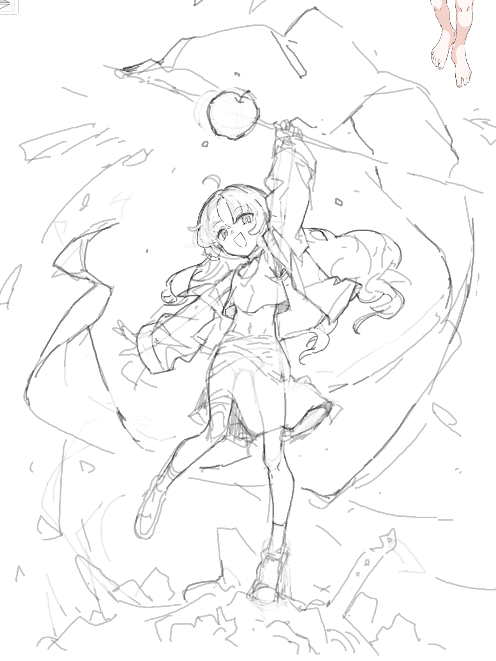 1girl ahoge apple arknights breasts commentary facing_viewer feet flag food fruit full_body highres holding holding_flag holding_pole jacket legs long_hair looking_at_viewer midriff myrtle_(arknights) navel open_clothes open_jacket pole shoes simple_background sketch skirt sleeves_past_wrists small_breasts smile sneakers solo tank_top white_background white_flag white_jacket yanyan_(shinken_gomi)