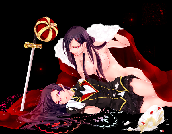 black_hair breasts cape crown dual_persona final_fantasy final_fantasy_type-0 glasses gloves kujyo long_hair nude pixiv_sample purple_eyes queen_(fft-0) red_eyes resized sword weapon