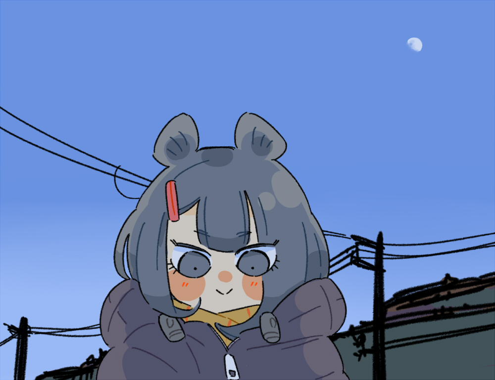 1girl animal_ears black_eyes black_jacket blush closed_mouth commentary_request down_jacket gibbous_moon hair_ornament hairclip hood hood_down hooded_jacket jacket jibakurei_(elite_unchi) looking_down medium_hair moon moon_in_daylight original outdoors power_lines raccoon_ears raccoon_girl scarf smile solo upper_body utility_pole yellow_scarf zipper