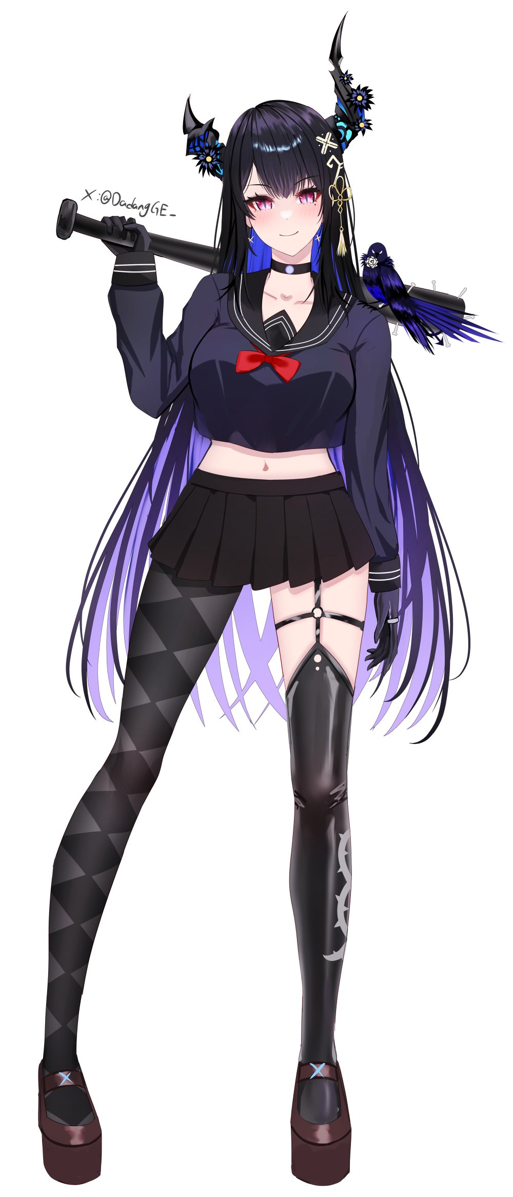 1girl alternate_costume animal animal_on_shoulder argyle_clothes argyle_pantyhose asymmetrical_horns bird bird_on_shoulder black_choker black_gloves black_hair black_sailor_collar black_skirt blue_hair blush bow bowtie breasts choker closed_mouth colored_inner_hair crop_top dadangge delinquent demon_horns full_body gloves highres hololive hololive_english horns large_breasts long_hair looking_at_viewer midriff miniskirt multicolored_hair navel nerissa_ravencroft o-ring o-ring_thigh_strap pleated_skirt purple_eyes purple_hair red_bow red_bowtie sailor_collar school_uniform serafuku shadow_(nerissa_ravencroft) shoes simple_background single_leg_pantyhose single_thighhigh skirt slit_pupils smile solo standing stomach thigh_strap thighhighs uneven_horns very_long_hair white_background