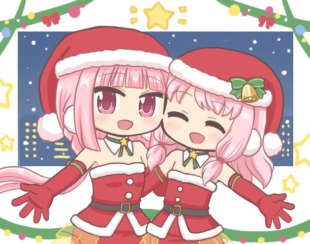 2girls :d ^_^ bad_id bad_twitter_id bare_shoulders bell belt blunt_bangs blush christmas closed_eyes detached_collar dot_nose elbow_gloves fur-trimmed_hat fur_trim gloves hat long_hair looking_at_viewer magia_record:_mahou_shoujo_madoka_magica_gaiden mahou_shoujo_madoka_magica medium_hair multiple_girls open_mouth pink_eyes pink_hair pom_pom_(clothes) red_gloves red_hat red_shirt red_skirt reverse_(bluefencer) santa_costume santa_hat shirt siblings side-by-side sidelocks sisters skirt smile star_(symbol) tamaki_iroha tamaki_iroha_(christmas_costume) tamaki_ui very_long_hair