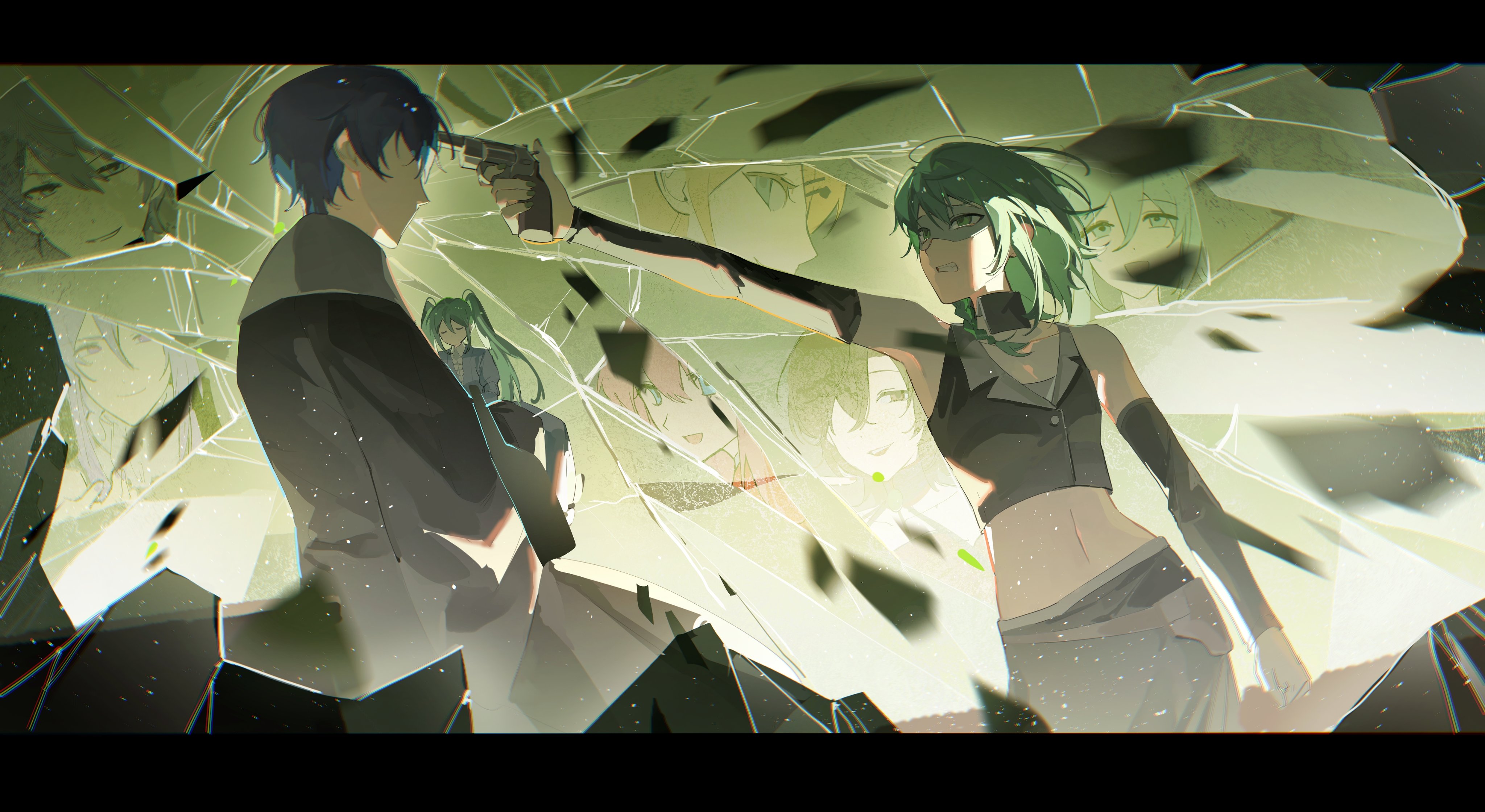 absurdres aqua_eyes banica_conchita black_robe blue_hair carrying clockworker's_doll crack cracked_background cracked_glass crop_top cropped_jacket detached_collar detached_sleeves dutch_angle evillious_nendaiki father_and_daughter gallerian_marlon glass_shards green_background green_eyes green_hair green_nails grey_jacket grey_skirt gumi gun handgun hatsune_miku highres holding holding_gun holding_weapon holster huz_(a1438758295) jacket judge kagamine_rin kaito_(vocaloid) kamui_gakupo long_skirt margarita_blankenheim megurine_luka meiko_(vocaloid) midriff navel nemesis_no_juukou_(vocaloid) nemesis_sudou pointing_at_forehead aiming princess_carry revolver riliane_lucifen_d'autriche robe sateriasis_venomania shards shattered skirt vessel_of_sin vocaloid weapon