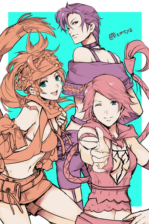 3girls ass blue_eyes breasts brown_hair cleavage closed_mouth final_fantasy final_fantasy_x final_fantasy_x-2 gloves green_eyes headband long_hair looking_at_viewer medium_breasts multiple_girls one_eye_closed open_mouth paine pink_hair rikku_(ff10) short_hair simple_background skirt smile swimsuit tama_(tmfy5) yuna