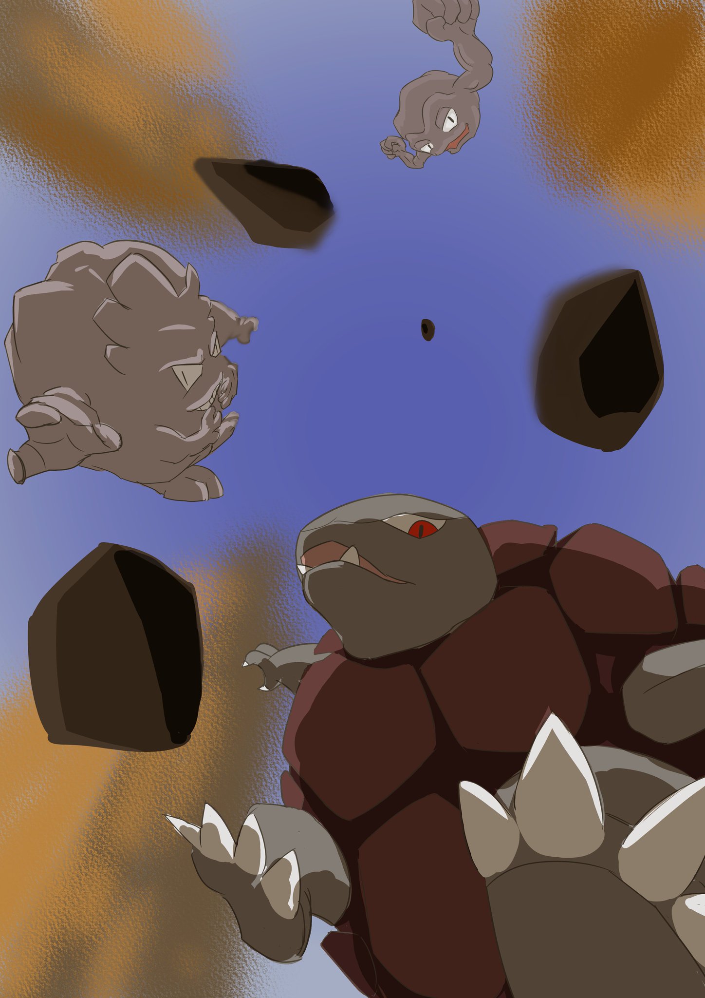 black_eyes claws evolutionary_line fangs gen_1_pokemon geodude golem_(pokemon) graveler grin highres nintendo open_mouth pokemon pokemon_(creature) red_eyes rock slit_pupils smile teeth