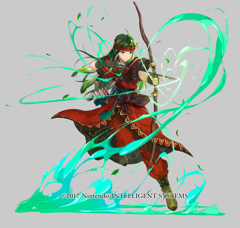 1girl armor arrow_(projectile) belt boots bow_(weapon) brown_boots copyright_notice energy fingerless_gloves fire_emblem fire_emblem:_the_binding_blade fire_emblem_heroes full_body gloves green_eyes green_hair grey_background headband holding holding_weapon leg_up long_hair mayo_(becky2006) nintendo official_art pants quiver short_sleeves shoulder_armor solo sue_(fire_emblem) teeth torn_clothes weapon