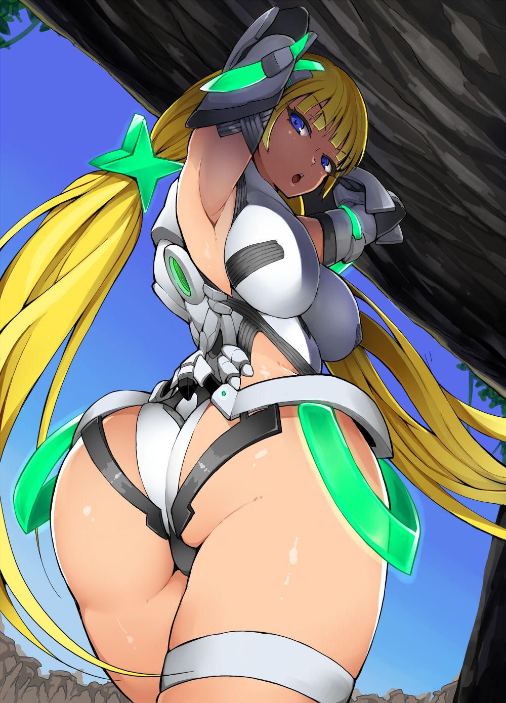 1girl :o angela_balzac armpits arms_behind_head arms_up ass bare_shoulders black_gloves blonde_hair blue_eyes blunt_bangs bodysuit breasts crossed_legs curvy day elbow_gloves female_focus from_behind from_below gloves hair_ornament head_tilt headgear highleg highleg_leotard highres huge_ass large_breasts leotard long_hair looking_at_viewer looking_back low_twintails nac000 open_mouth outdoors rakuen_tsuihou solo standing thick_thighs thigh_strap thighs twintails very_long_hair wide_hips