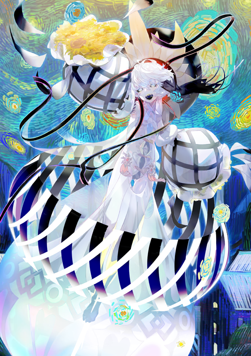 1girl arm_up black_hat black_ribbon black_sclera colored_sclera colored_skin dress fangs fate/grand_order fate_(series) flower full_body game_cg hat horror_(theme) impressionism kibadori_rue legs_together long_dress long_sleeves looking_at_viewer official_art open_mouth outstretched_arms puffy_dress puffy_long_sleeves puffy_sleeves ribbon see-through_dress_layer smile solo starry_night_(van_gogh) sunflower third-party_source van_gogh_(fate) van_gogh_(third_ascension)_(fate) white_dress white_eyes white_hair white_skin wide_sleeves