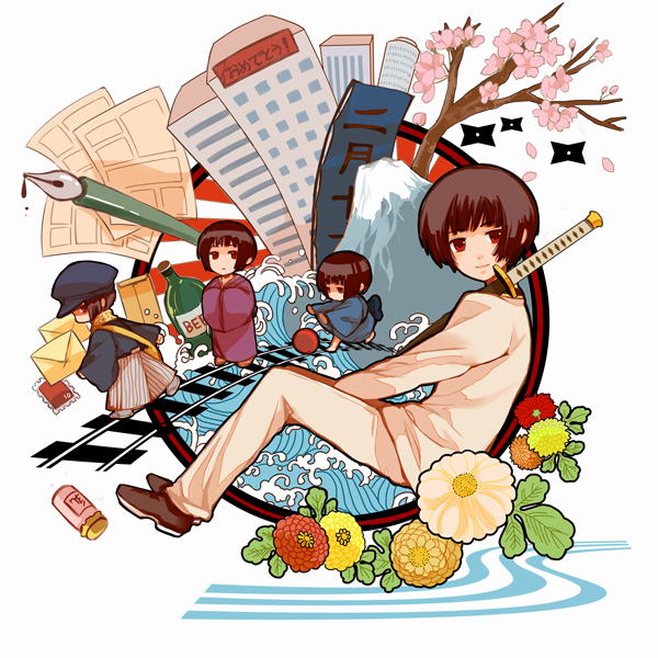 1boy age_progression alcohol axis_powers_hetalia beer blue_hat brown_footwear brown_hair cherry_blossoms chrysanthemum closed_mouth commentary_request envelope fine_art_parody flower fushitasu hakama hands_in_opposite_sleeves hat jacket japan_(hetalia) japanese_clothes kanagawa_okinami_ura male_focus mountain nib_pen_(object) orange_flower pages pants parody patriotism pen pink_flower railroad_tracks red_flower rising_sun_flag sash shoes short_hair shuriken sunburst sword vial waves weapon white_flower white_jacket white_pants yellow_flower