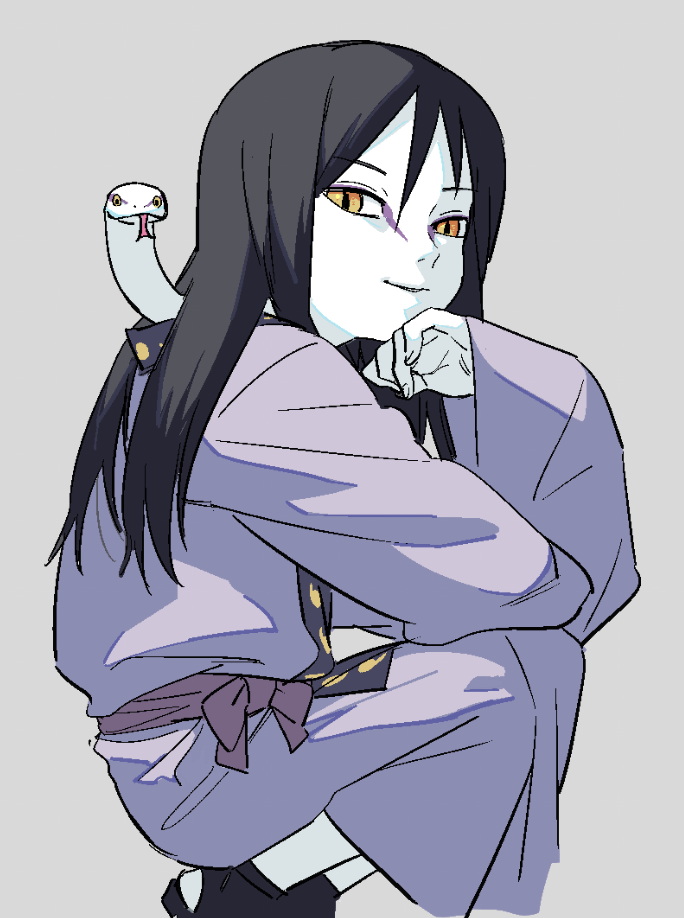 aged_down arm_on_own_leg black_hair child colored_sclera eyeliner fingers_to_chin grey_background japanese_clothes kimono kutuyatti long_hair looking_at_viewer makeup male_focus naruto_(series) orochimaru_(naruto) pale_skin slit_pupils smile snake solo squatting tongue yellow_eyes