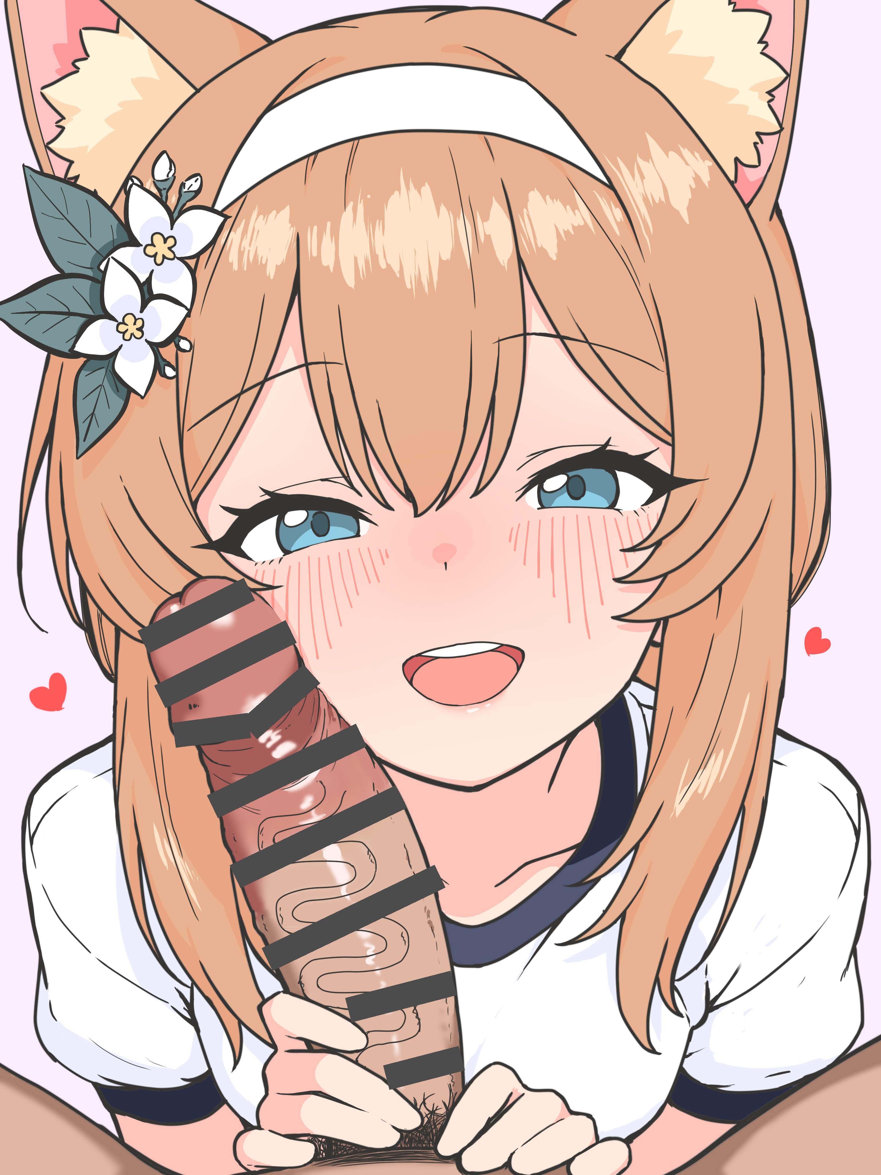 1girl absurdres animal_ear_fluff animal_ears bar_censor blue_archive blue_eyes blush censored cheek_poking cheek_press erection facejob flower gym_shirt gym_uniform hair_flower hair_ornament hairband heart hetero highres ichimisan large_penis long_hair looking_at_viewer mari_(blue_archive) mari_(track)_(blue_archive) official_alternate_costume orange_hair penis penis_grab penis_on_face poking pov pov_crotch shirt short_sleeves solo_focus veins veiny_penis white_flower white_hairband