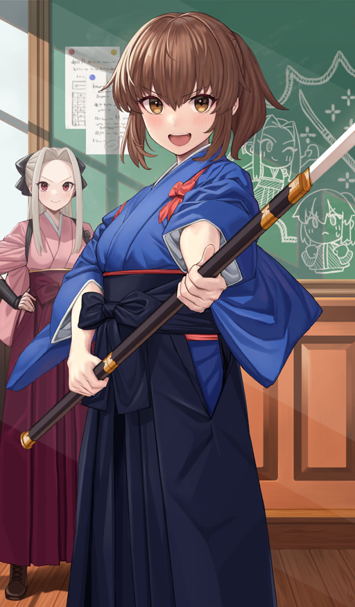 2girls black_hakama blue_kimono breasts brown_eyes chalkboard fate/grand_order fate_(series) fujimura_taiga hakama indoors instructor_iri irisviel_von_einzbern japanese_clothes kimono long_hair long_sleeves looking_at_viewer medium_breasts michihasu multiple_girls naginata official_art open_mouth orange_hair paper parted_bangs pink_kimono polearm purple_hakama red_eyes sash short_hair smile weapon white_hair wide_sleeves wooden_floor