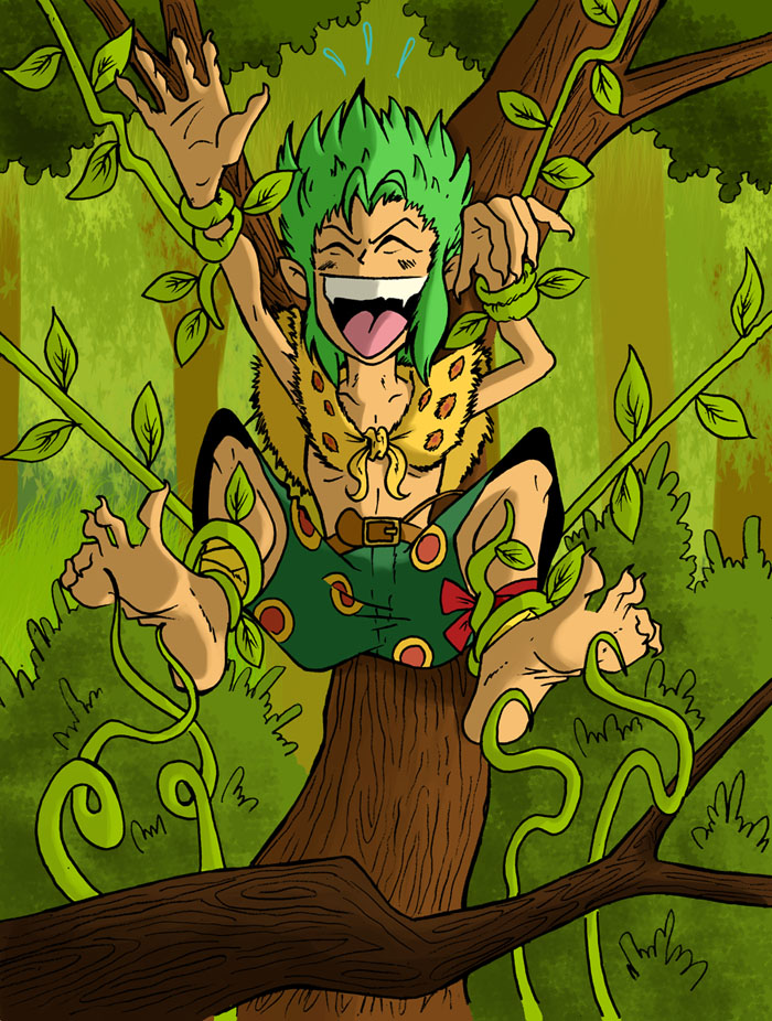 1boy ankle_wrap belt branch capelet clawed_feet clawed_hands closed_eyes fangs feet final_fantasy final_fantasy_vi gau green_hair green_pants jinkslizard jungle laughing leaves nature open_mouth pants plant pointy_ears restrained shawl sidelocks solo spots teeth tickling tickling_feet toes tongue vines wiggling_toes