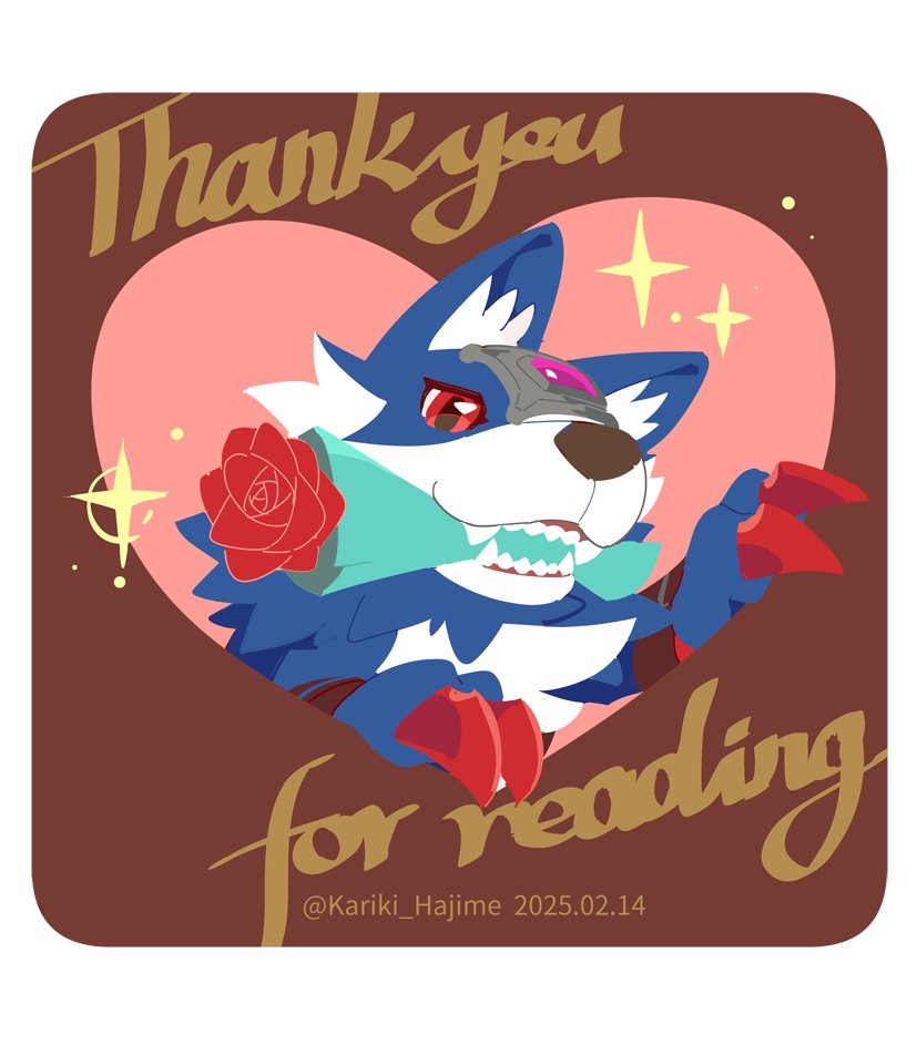 animal_ear_fluff blue_fur body_fur border brown_background dated digimon digimon_(creature) digimon_seekers english_text flower forehead_jewel holding holding_flower kariki_hajime loogamon mouth_hold pink_background red_eyes red_flower red_rose rose simple_background sparkle thank_you twitter_username valentine white_border white_fur wolf