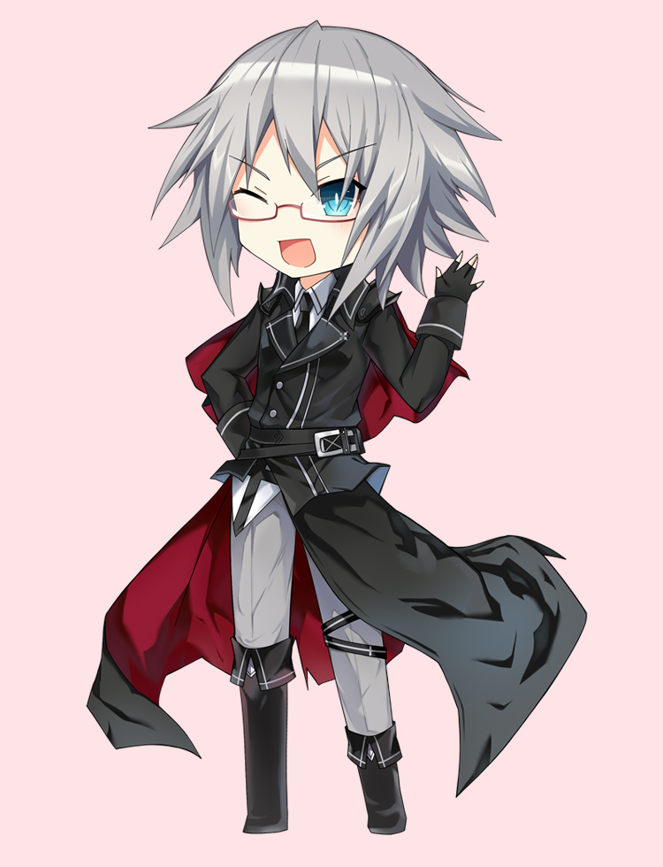 1girl alternate_costume aqua_eyes belt black_belt black_coat black_footwear black_gloves black_necktie boots coat collared_shirt date_a_live fingerless_gloves gloves grey_hair honjou_nia long_sleeves necktie one_eye_closed open_mouth pants semi-rimless_eyewear shirt shoes short_hair sigiswald solo standing v-shaped_eyebrows white_shirt