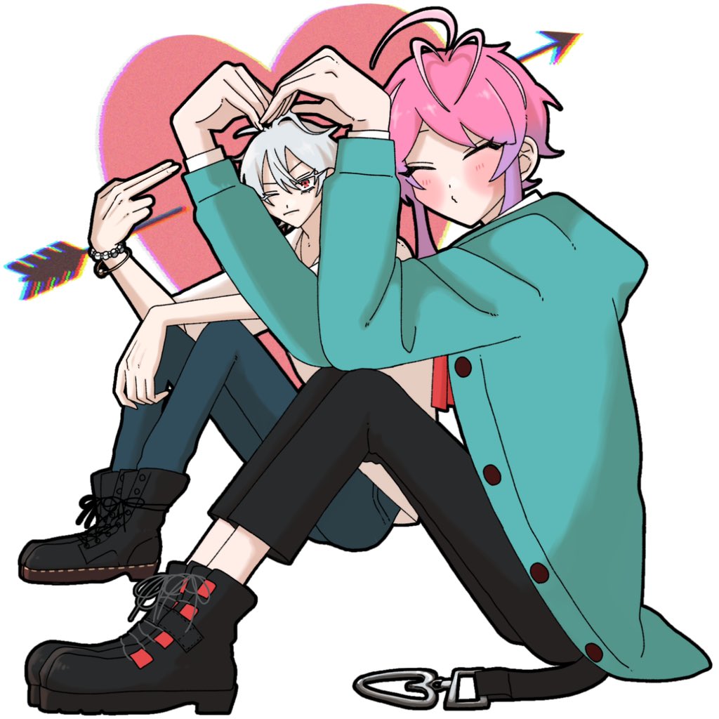 2boys ^_^ ahoge amemura_ramuda ankle_boots antenna_hair aohitsugi_samatoki aqua_jacket arrow_through_heart blush boots bracelet capri_pants chromatic_aberration closed_eyes collared_shirt denim elbows_on_knees finger_gun from_side gradient_hair hair_between_eyes hand_on_own_knee heart_arms heart_belt hood hooded_jacket hypnosis_mic jacket jeans jewelry light_frown long_sleeves looking_at_viewer male_focus multicolored_hair multiple_boys multiple_bracelets on_ground one_eye_closed pants pearl_bracelet pink_hair piyo_pyococh1 puckered_lips purple_hair red_eyes shirt short_hair sidelocks simple_background sitting white_background white_hair yaoi