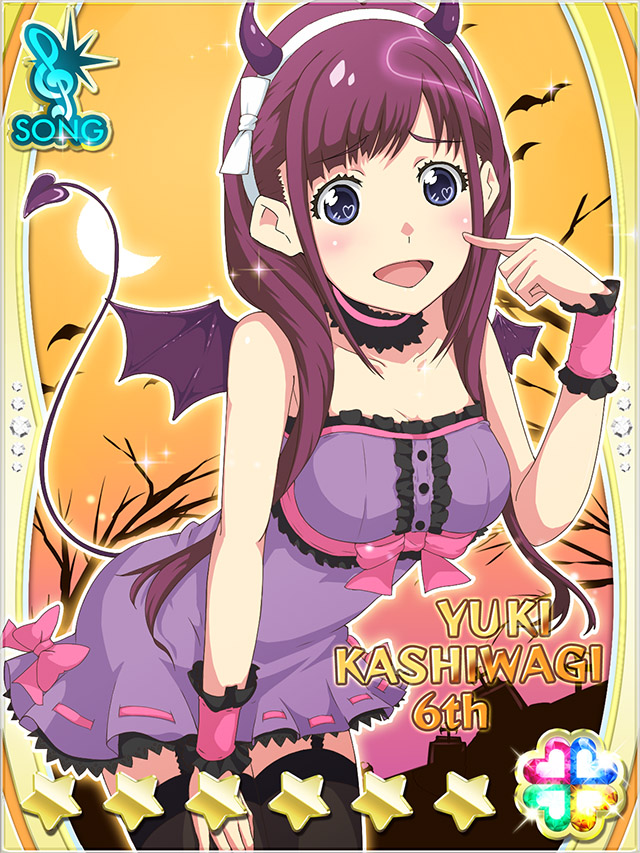 1girl :d akb0048 bare_shoulders bare_tree bat_(animal) black_thighhighs blue_eyes bow card_(medium) character_name collarbone cowboy_shot demon_horns demon_tail demon_wings dress fake_horns fake_tail fake_wings fanged_bangs furrowed_brow garter_straps hairband halloween halloween_costume hand_on_own_thigh heart horns kashiwagi_yuki_(akb0048) leaning_forward long_hair looking_at_viewer non-web_source official_art open_mouth orange_sky pink_bow pointing pointing_at_self purple_dress purple_hair sky smile solo sparkle standing star_(symbol) strapless strapless_dress tail thighhighs treble_clef tree white_hairband wings