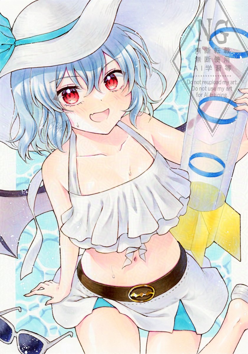 1girl adversarial_noise alternate_costume alternate_headwear alto2019 bikini bikini_skirt blush collarbone commentary_request fang hat highres holding looking_at_viewer navel open_mouth remilia_scarlet remilia_scarlet_(vampire_prepared_for_splashes_and_sunlight) skin_fang smile solo stomach sun_hat sunglasses sweat swimsuit touhou touhou_lostword unworn_eyewear water water_rocket watermark white_bikini white_hat