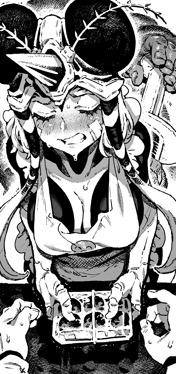 1girl 2boys apron armored_gorilla arthropod_girl breasts cleavage clenched_teeth crying food_stand frown highres holding holding_syringe injection ireading large_breasts large_syringe long_sidelocks monochrome monster_girl mosquito_girl mosquito_musume multiple_boys one-punch_man oversized_object pov sidelocks sweat syringe teeth