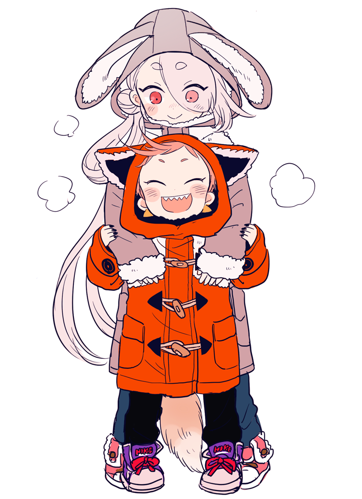 10s 2boys 50yen_(gojiue) :&gt; ^_^ aged_down animal_hood child closed_eyes coat eyes_visible_through_hair fox_hood fox_tail hair_over_one_eye hood ima-no-tsurugi iwatooshi male_focus multiple_boys open_mouth orange_hair rabbit_hood red_eyes sharp_teeth shoes smile sneakers tail teeth time_paradox touken_ranbu white_hair