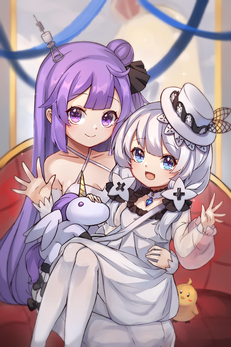 2girls :d azur_lane black_bow black_ribbon blue_eyes blue_ribbon bow breasts cleavage closed_mouth collarbone commentary_request couch criss-cross_halter detached_sleeves dress hair_bun hair_ribbon halterneck hand_up hat highres little_illustrious_(azur_lane) long_hair long_sleeves looking_at_viewer medium_breasts mini_hat miya_(miyaruta) multiple_girls on_couch open_mouth pantyhose puffy_long_sleeves puffy_sleeves purple_eyes purple_hair ribbon see-through_clothes see-through_sleeves side_bun single_hair_bun single_side_bun sitting sitting_on_lap sitting_on_person smile stuffed_winged_unicorn tilted_headwear unicorn_(azur_lane) very_long_hair wavy_mouth white_dress white_headwear white_sleeves