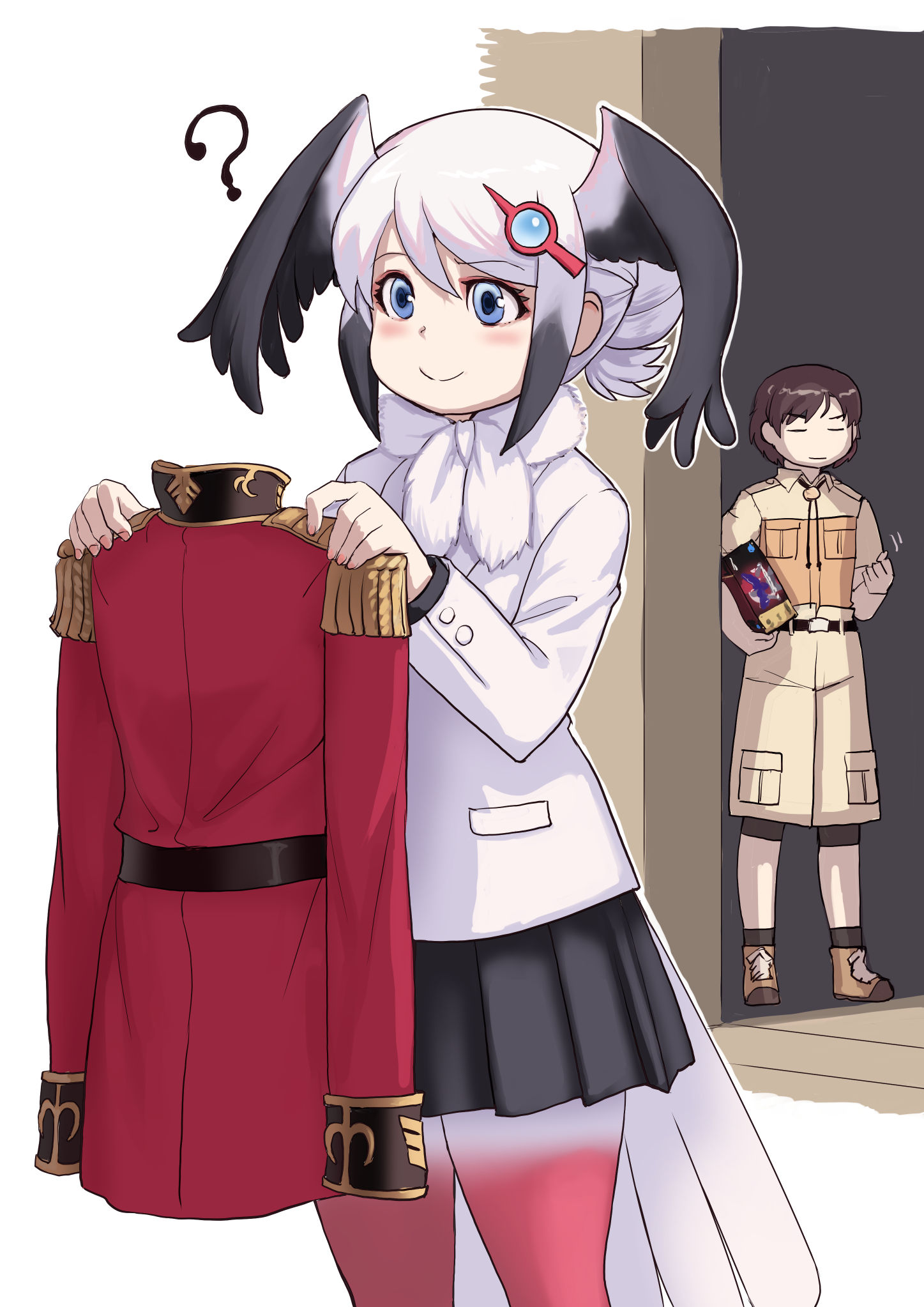 1boy 1girl ? bike_shorts bike_shorts_under_shorts bird_girl bird_tail bird_wings black_hair black_skirt black_socks blue_eyes blush boots box brown_footwear brown_hair brown_shirt brown_shorts captain_(kemono_friends) commentary_request fur_collar gradient_legwear head_wings highres jacket kemono_friends kemono_friends_3 khakis kosai_takayuki long_sleeves multicolored_hair oriental_stork_(kemono_friends) pantyhose pleated_skirt red_jacket red_pantyhose shirt short_hair short_sleeves shorts sidelocks skirt socks t-shirt tail uniform white_fur white_hair white_jacket white_pantyhose wings