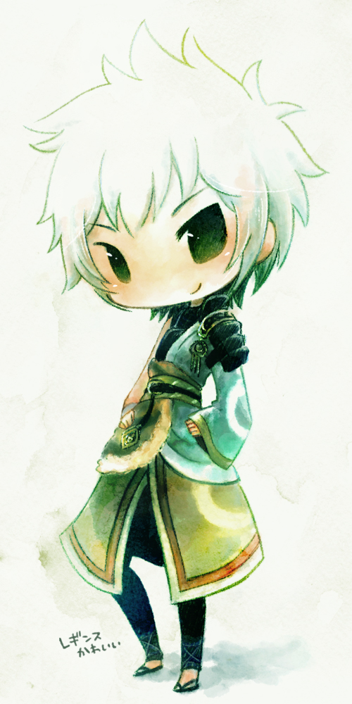 1boy black_eyes black_pants blush chibi chibi_only closed_mouth full_body looking_at_viewer male_focus no_nose pants sandals sengoku_musou sepia_(sepia_la_mode) short_hair single_sleeve smile solo taigong_wang_(musou_orochi) translation_request white_background