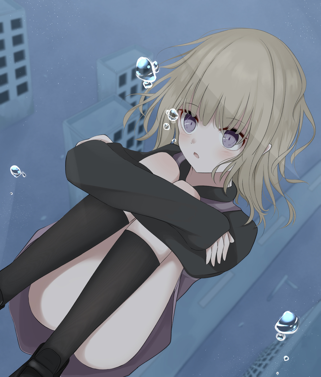 air_bubble black_footwear black_thighhighs blonde_hair bubble city falling highres long_sleeves medium_hair mitarashi_dayo open_mouth purple_eyes skirt sweater thighhighs underwater urotsuki water yume_2kki