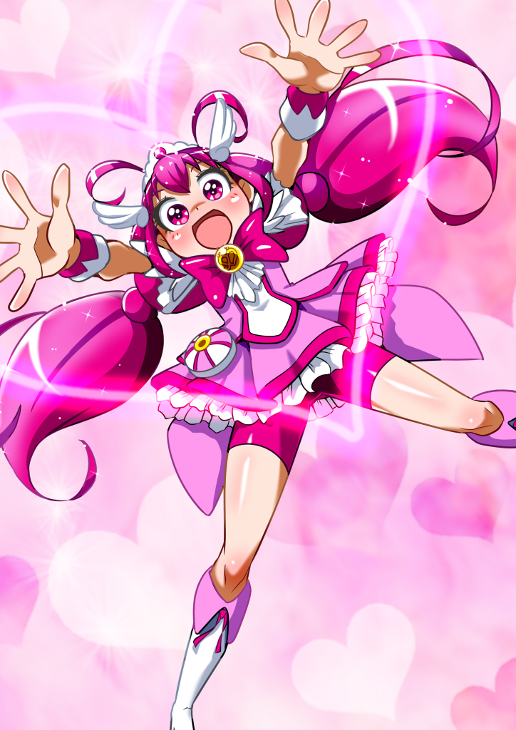 1girl bike_shorts blush boots bow bowtie brooch cure_happy dress hair_ornament heart high_heel_boots high_heels hiro68 hoshizora_miyuki jewelry long_hair low_twintails magical_girl multicolored_boots open_mouth pink_bow pink_bowtie pink_dress pink_eyes pink_hair pink_shorts precure short_sleeves shorts smile smile_precure! solo tiara twintails two-tone_boots wing_hair_ornament