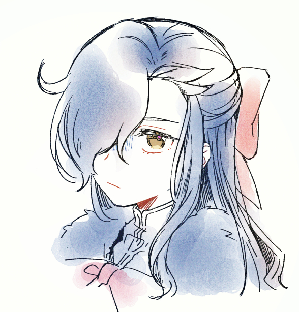 1boy blue_hair bow brown_eyes closed_mouth crossdressing crossdressing_(mtf) hair_bow hair_over_one_eye looking_at_viewer male_focus natsumi_schwarz portrait re:zero_kara_hajimeru_isekai_seikatsu red_bow rinndouk shirt simple_background solo turn_pale white_background white_shirt